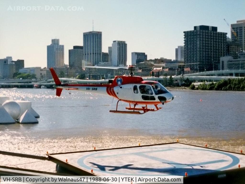 VH-SRB, 1984 Eurocopter AS-350BA Ecureuil C/N 1896, AS350B helicopter VH-SRB Cn 1896, which crashed at Whistle Duck Creek near Wauchope Northern Territory (NT) on 22Jun1990. Photo taken at Helipad YTEK on the Brisbane River during Expo88 on 30Jun1988.