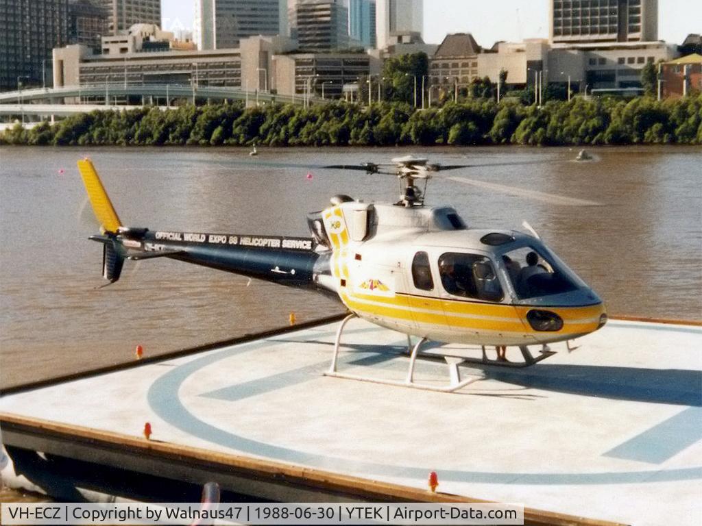VH-ECZ, Aérospatiale AS-350RM Ecureuil C/N 1372, Squirrel AS350B VH-ECZ Cn 1372 on the Helipad YTEK on the Brisbane River during Expo 88 on 30Jun1988. The helicopter is wearing Expo 88 logos, operated by City and Country Helicopters (Official World Expo 88 Helicopter Service).