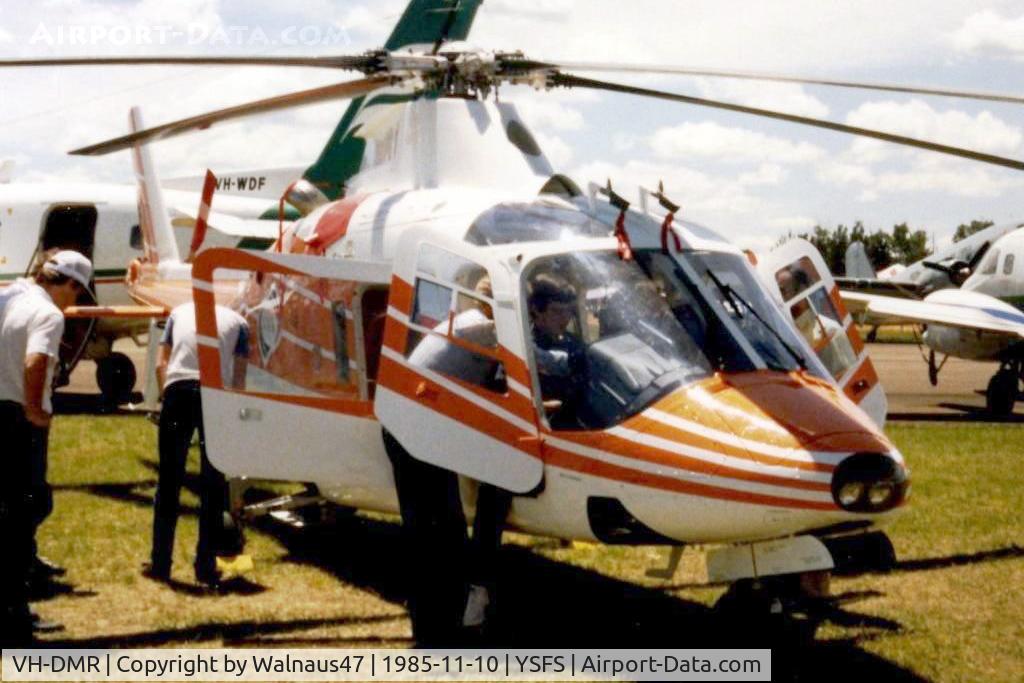 VH-DMR, 1985 Agusta A109A II C/N 7328, Brand new Agusta A109A II VH-DMR Cn 7328 being viewed by visitors at the Schofields Airshow on 10Nov1985. VH-DMR was operated by the Department of Main Roads - hence the VH-DMR Registration (previously used on Bell 47J2-A helicopter Cn 3121).