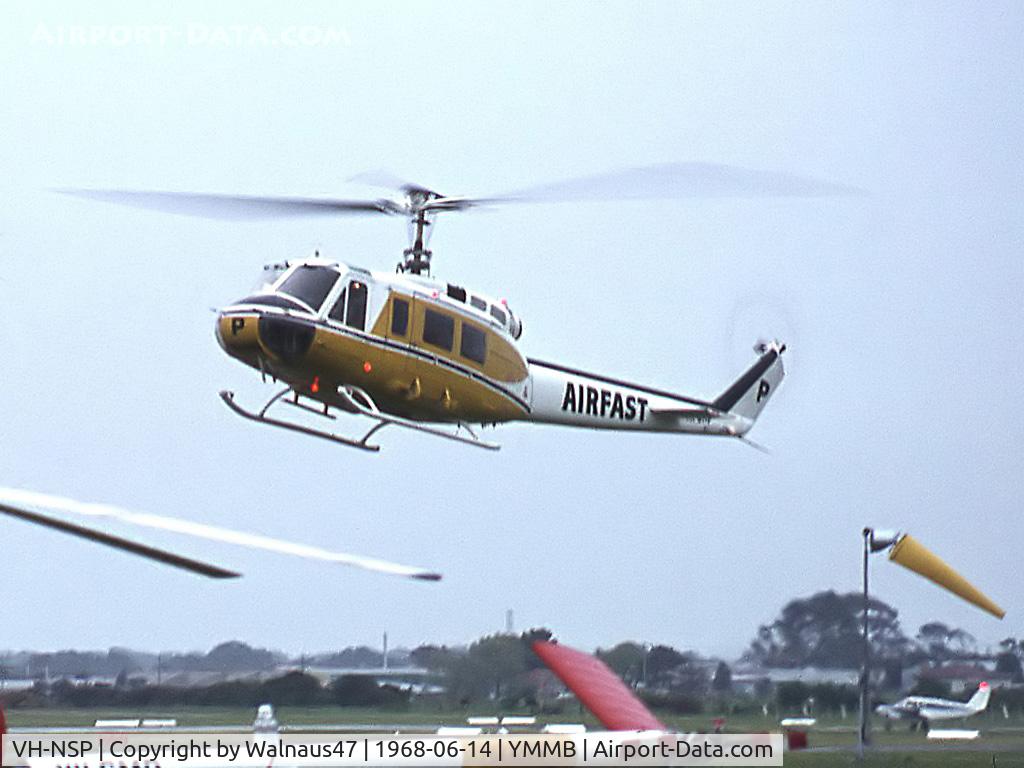 VH-NSP, Bell 412 C/N 33091, Low res view of Airfast Bell 205A-1 helicopter VH-NSP Cn 30032 about to land at the Jayrow Helicopter Base at Moorabbin YMMB on 14Jun1968. Registration VH-NSP was later used on CHC Helicopters Bell 412 Cn 33091.