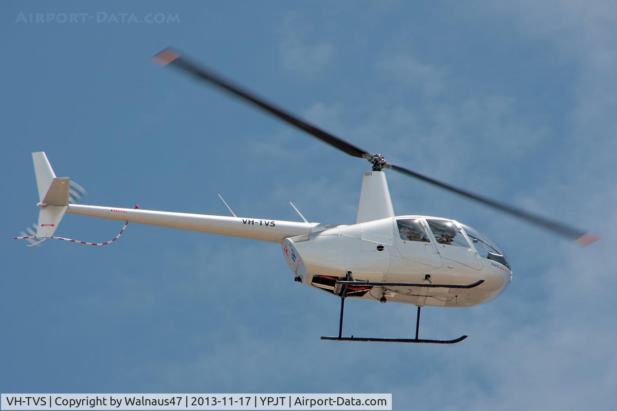 VH-TVS, 2007 Robinson R44 Raven II C/N 11833, Stbd underside view of Heliwest Robinson R44 Raven II VH-TVS Cn 11833 transiting at Jandakot YPJT, Perth, West Australia, on 17Nov2013. This helo, Built 2007, was First Registered in Australia on 16Aug2007.