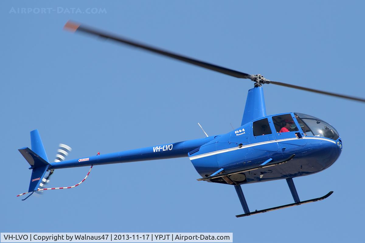 VH-LVO, 2010 Robinson R44 Raven I C/N 2021, Front Stbd underside view of Blue livery Robinson R44 Raven VH-LVO Cn 2021 transiting at Jandakot YPJT, Perth, West Australia, on 17Nov2013. This helo, Built 2010, was First Registered in Australia on 19Apr2010.