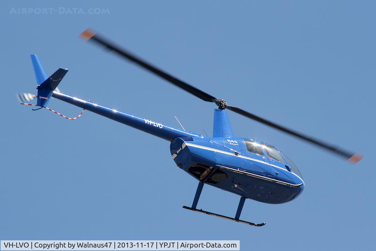 VH-LVO, 2010 Robinson R44 Raven I C/N 2021, Rear Stbd underside view of Blue livery Robinson R44 Raven VH-LVO Cn 2021 transiting at Jandakot YPJT, Perth, West Australia, on 17Nov2013. This helo, Built 2010, was First Registered in Australia on 19Apr2010.