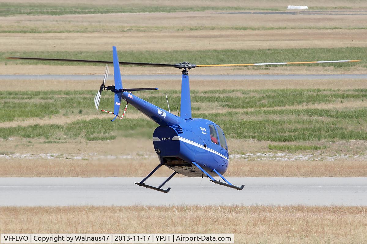 VH-LVO, 2010 Robinson R44 Raven I C/N 2021, Rear view of Blue livery Robinson R44 Raven VH-LVO Cn 2021 departing Jandakot YPJT, Perth, West Australia, on 17Nov2013. This helo, Built 2010, was First Registered in Australia on 19Apr2010.