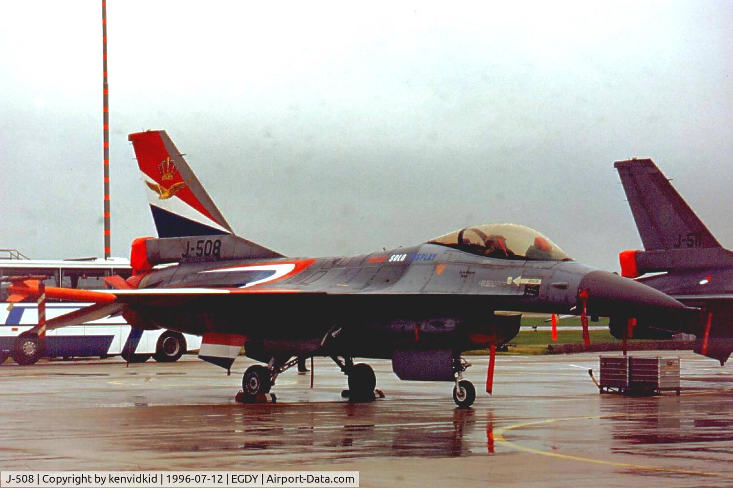 J-508, 1987 Fokker F-16A Fighting Falcon C/N 6D-147, At the 1996 photocall prior to the Yeovilton Air Show.