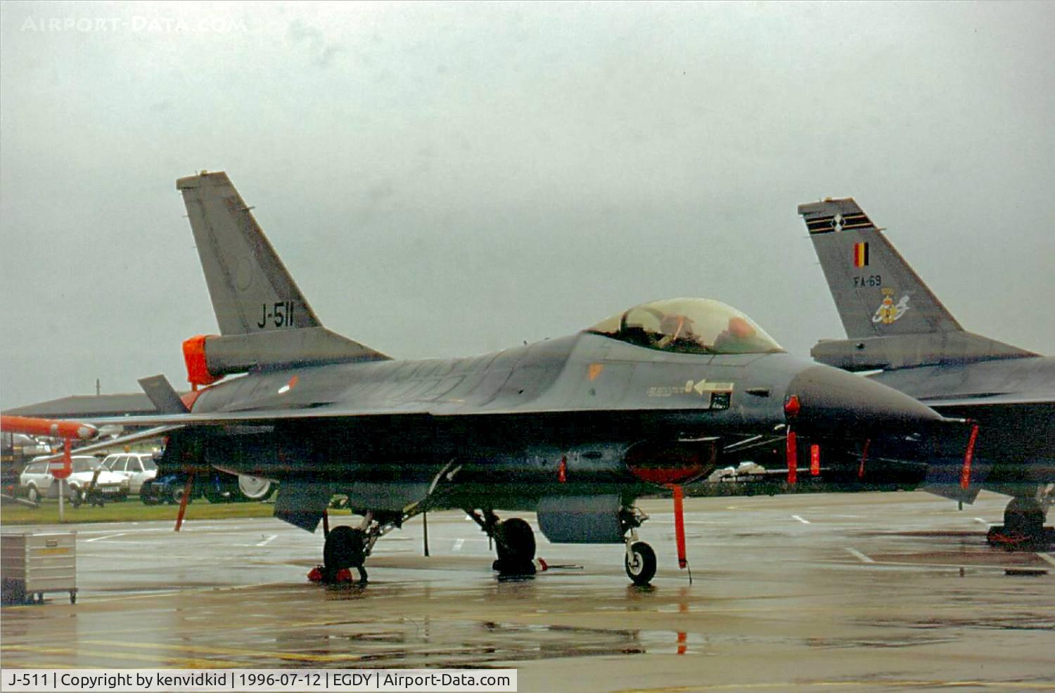 J-511, 1989 Fokker F-16A Fighting Falcon C/N 6D-150, At the 1996 photocall prior to the Yeovilton Air Show.