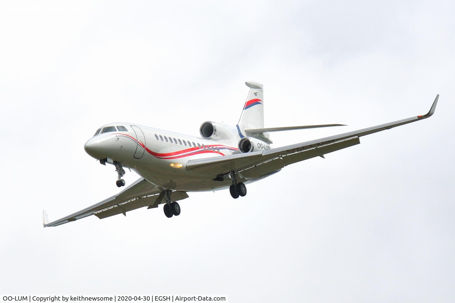 OO-LUM, 2007 Dassault Falcon 7X C/N 004, Arriving at Norwich from Doncaster, from a safe position.