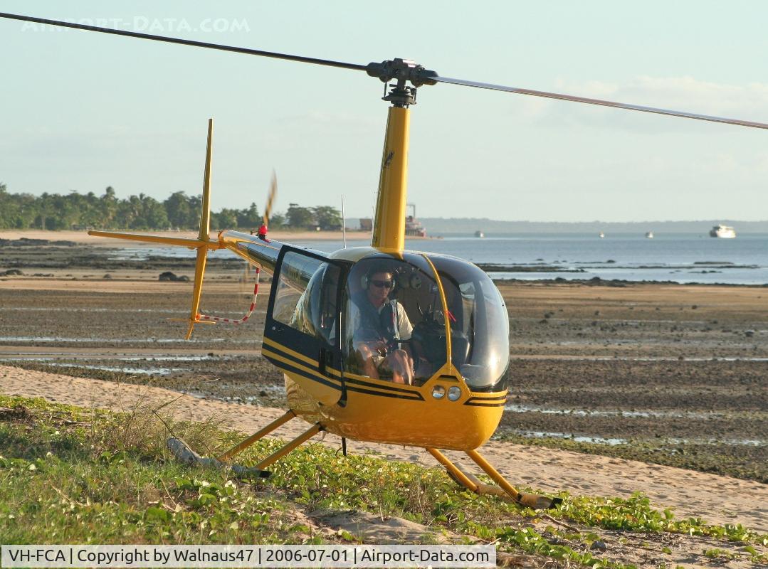 VH-FCA, 2004 Robinson R44 C/N 1405, Front view of ‘Brazacca’s Cape York Helicopters’ Robinson R44 Clipper I VH-FCA Cn 1405 departing the North tip of Cape York on 01Jul2006. This is the most Northerly point on the Australian mainland.