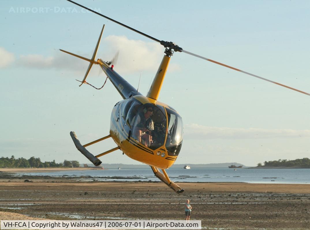 VH-FCA, 2004 Robinson R44 C/N 1405, Front Stbd view of ‘Brazacca’s Cape York Helicopters’ Robinson R44 Clipper I VH-FCA Cn 1405 departing the North tip of Cape York on 01Jul2006. This is the most Northerly point on the Australian mainland.
