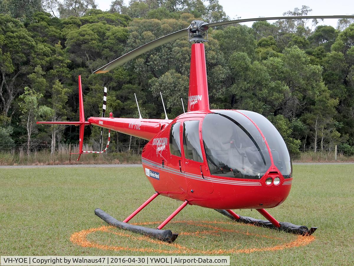 VH-YOE, 2010 Robinson R44 C/N 13035, Front Stbd view of Touchdown Helicopters Robinson R44 Raven VH-YOE Cn 13035 parked at Albion Park Airport YWOL near Wollongong NSW on 30Apr2016. The occasion was the 2016 Wings Over Illawarra (WOI) Airshow.