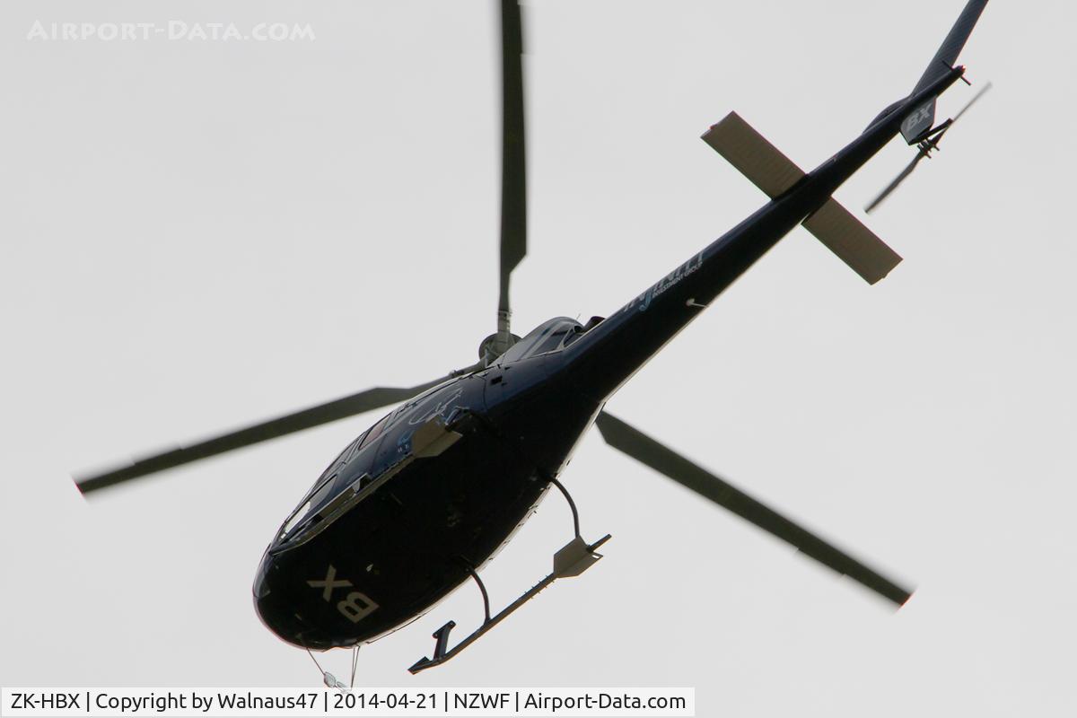 ZK-HBX, Aerospatiale AS-350BA Ecureuil C/N 1391, Rear view of Wanaka Helicopters Aerospatiale AS-350BA Ecureuil ZK-HBX Cn 1391 arriving at Wanaka NZWF 21Apr2014, during Warbirds Over Wanaka (WOW) 2014.