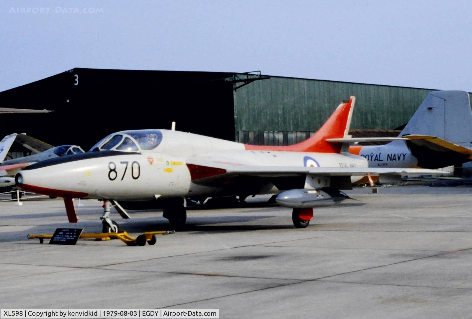 XL598, 1958 Hawker Hunter T.8C C/N 41H-695320, On static display at the 1979 Yeovilton air show.