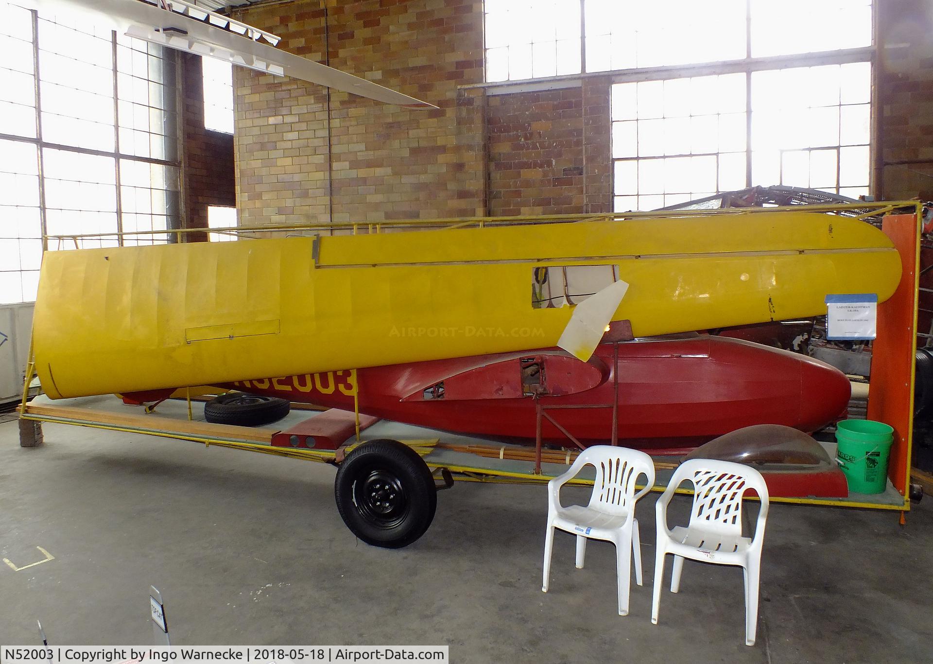 N52003, 1943 Laister-kauffman LK-10A C/N 141, Laister-Kauffman LK-10A disassembled on trailer, awaiting restoration at the Greater St. Louis Air and Space Museum, Cahokia Il