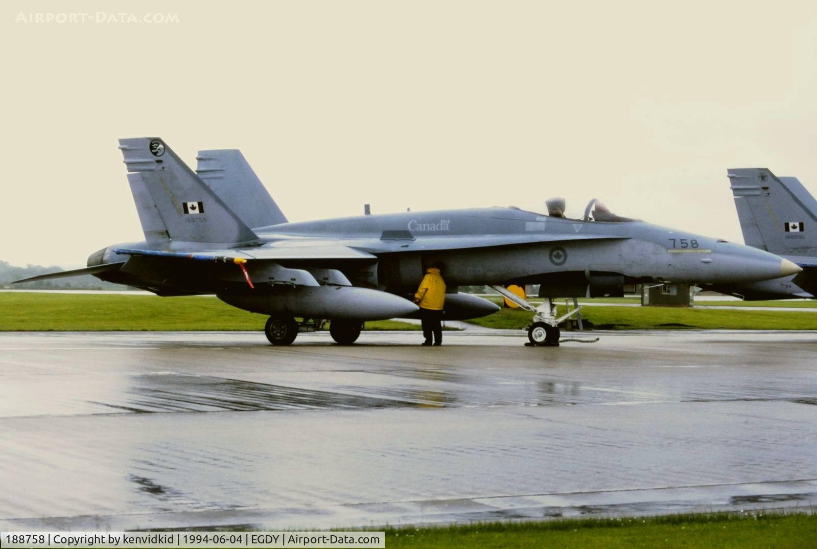 188758, McDonnell Douglas CF-188A Hornet C/N 0401/A334, On static display at the RNAS Yeovilton 1994 50th Anniversary of D Day photocall. It rained all day.