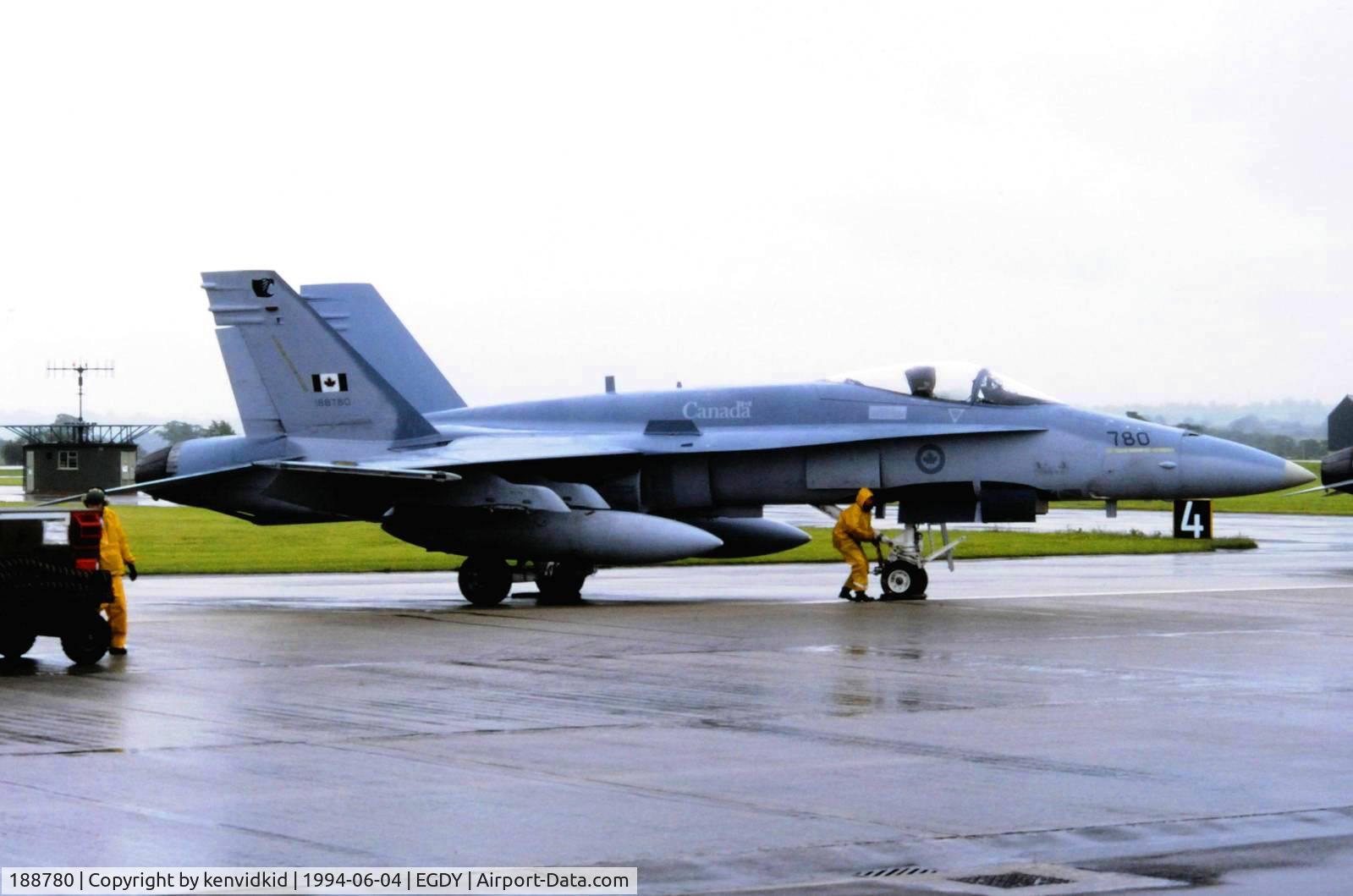 188780, 1987 McDonnell Douglas CF-188A Hornet C/N 0547/A455, On static display at the RNAS Yeovilton 1994 50th Anniversary of D Day photocall. It rained all day.