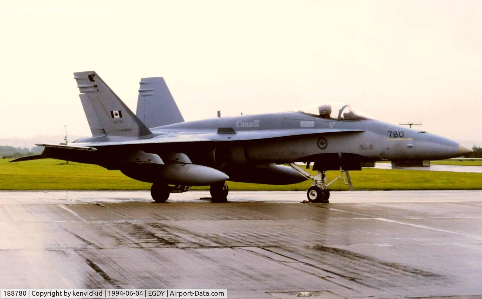 188780, 1987 McDonnell Douglas CF-188A Hornet C/N 0547/A455, On static display at the RNAS Yeovilton 1994 50th Anniversary of D Day photocall. It rained all day.