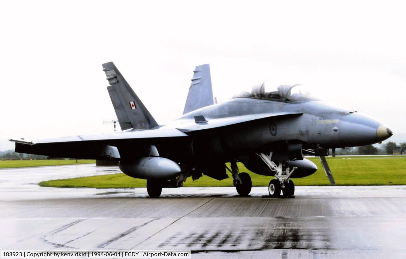 188923, 1986 McDonnell Douglas CF-188B Hornet C/N 0445/B080, On static display at the RNAS Yeovilton 1994 50th Anniversary of D Day photocall. It rained all day.