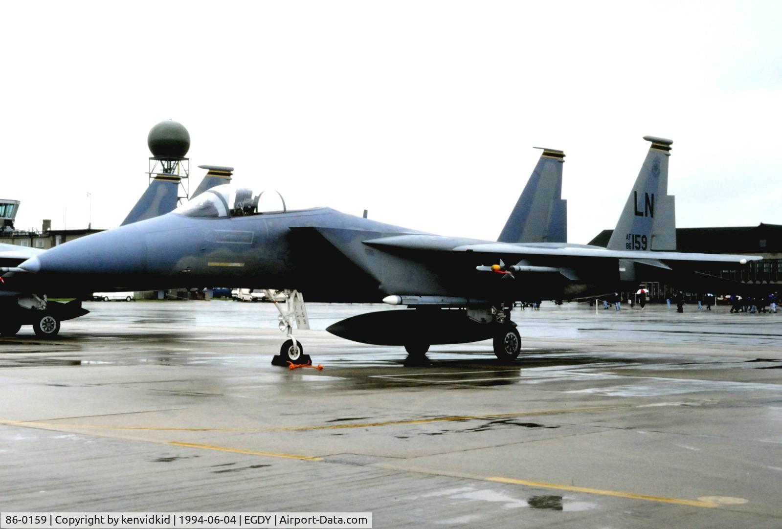 86-0159, 1986 McDonnell Douglas F-15C Eagle C/N 1006/C387, On static display at the RNAS Yeovilton 1994 50th Anniversary of D Day photocall. It rained all day.