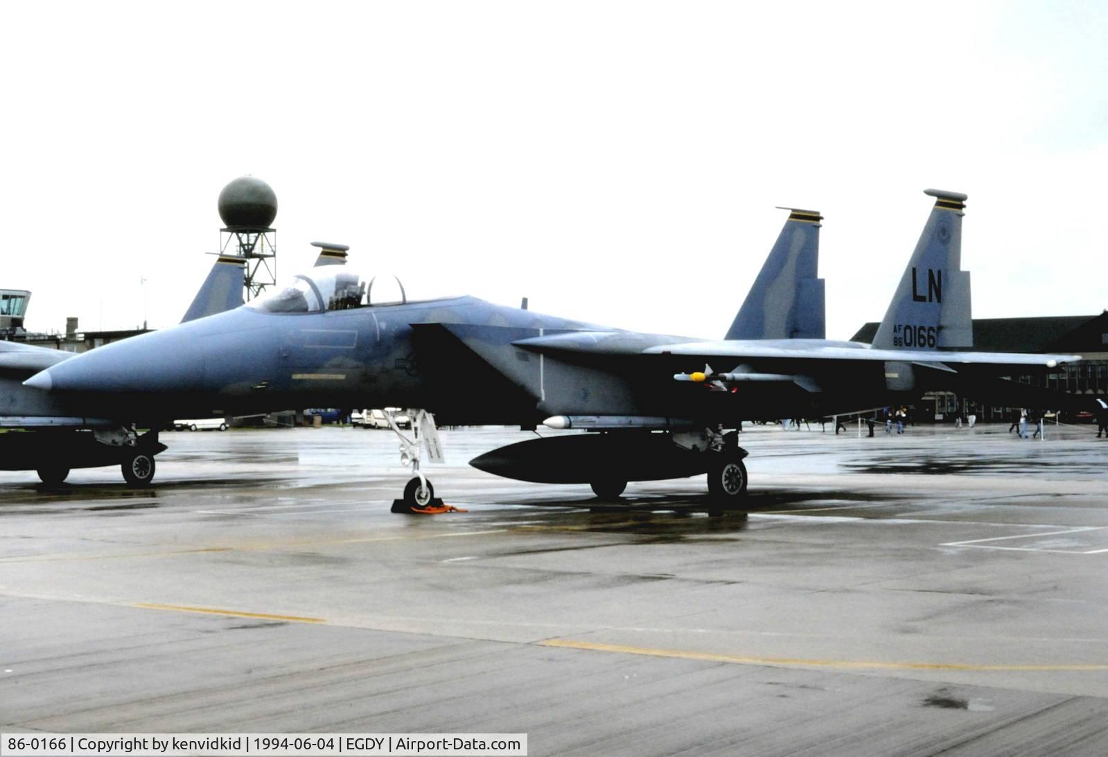 86-0166, 1986 McDonnell Douglas F-15C Eagle C/N 1014/C394, On static display at the RNAS Yeovilton 1994 50th Anniversary of D Day photocall. It rained all day.