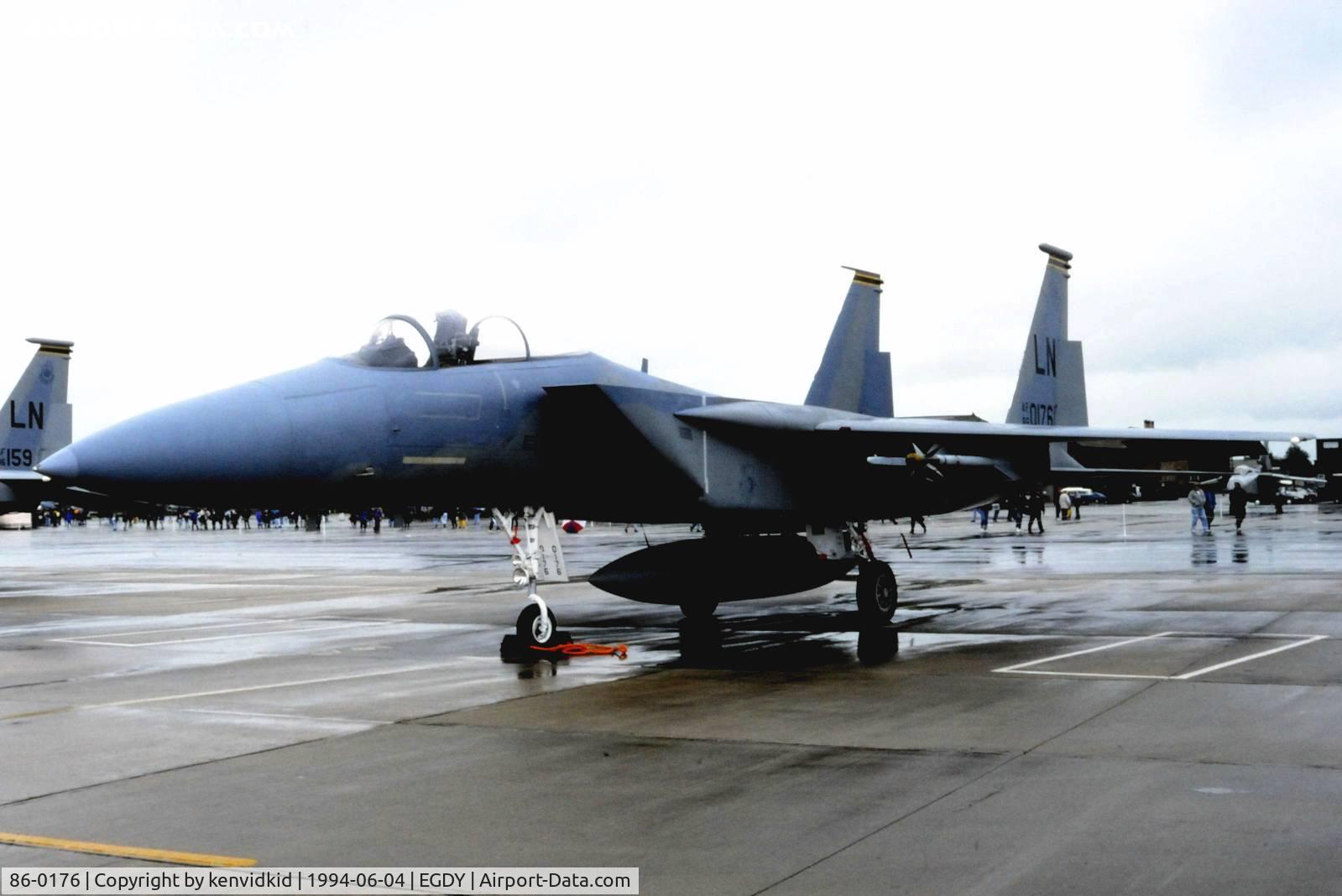 86-0176, 1986 McDonnell Douglas F-15C Eagle C/N 1027/C404, On static display at the RNAS Yeovilton 1994 50th Anniversary of D Day photocall. It rained all day.