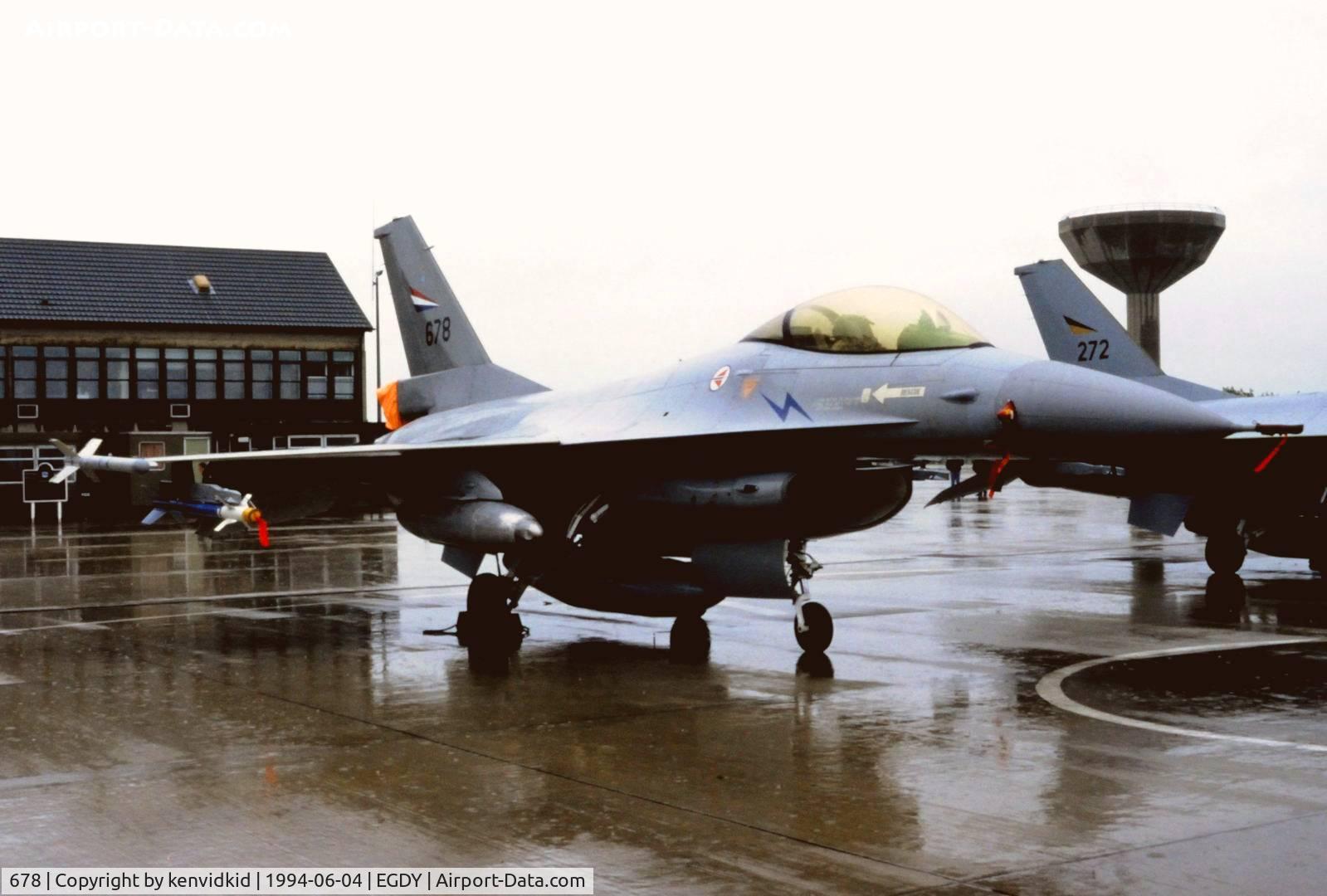 678, 1980 Fokker F-16AM Fighting Falcon C/N 6K-50, On static display at the RNAS Yeovilton 1994 50th Anniversary of D Day photocall. It rained all day.