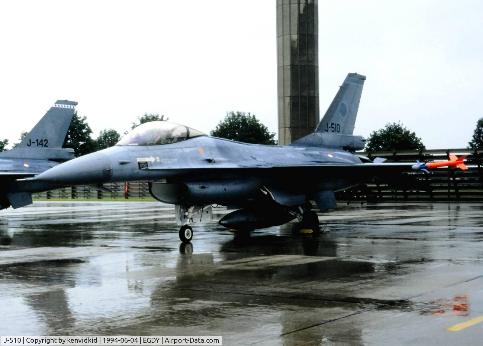J-510, 1987 Fokker F-16AM Fighting Falcon C/N 6D-149, On static display at the RNAS Yeovilton 1994 50th Anniversary of D Day photocall. It rained all day.