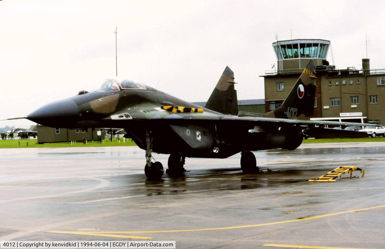 4012, Mikoyan-Gurevich MiG-29 C/N 2960532040, On static display at the RNAS Yeovilton 1994 50th Anniversary of D Day photocall. It rained all day.