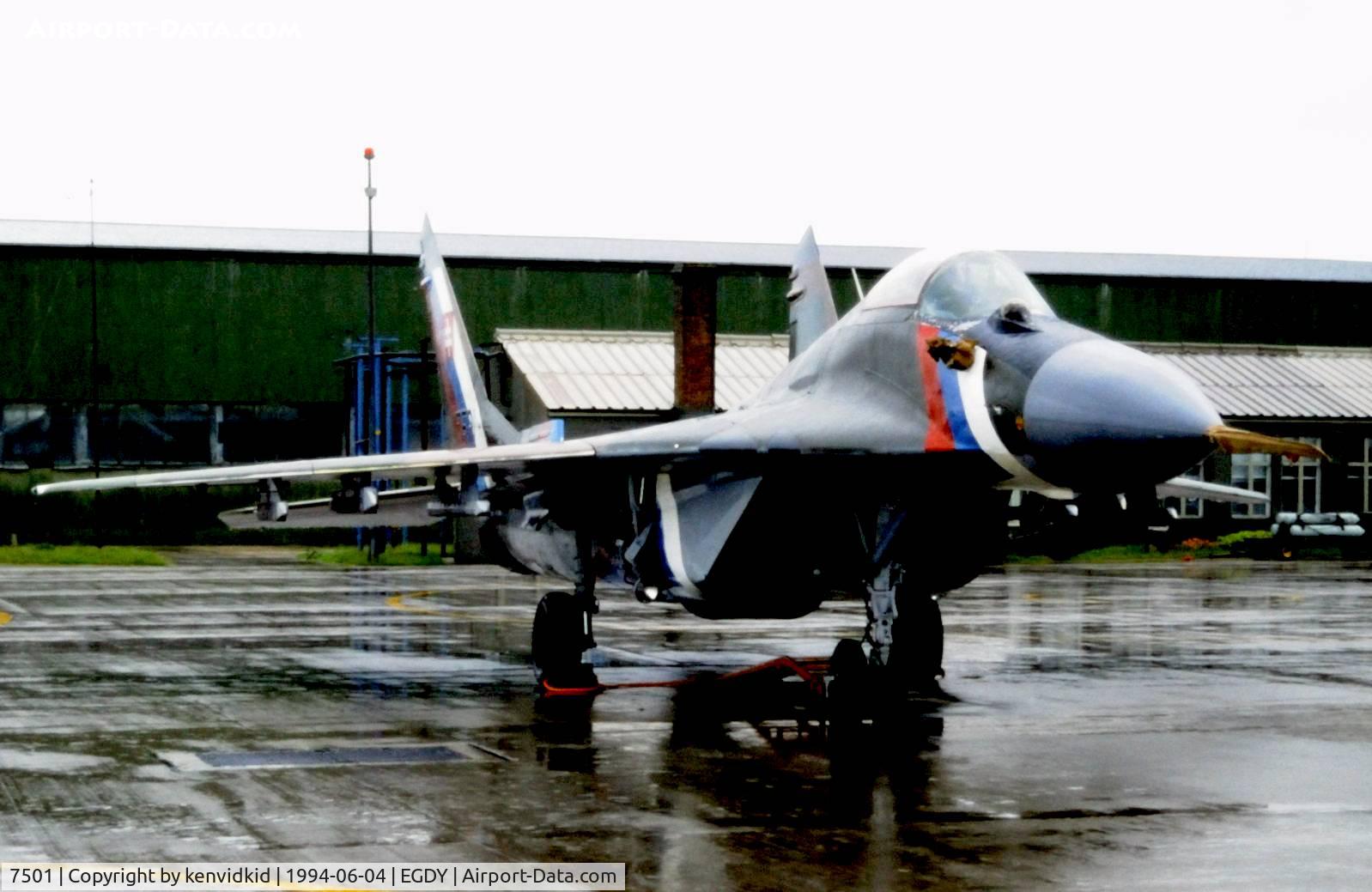 7501, Mikoyan-Gurevich MiG-29 C/N 2960526375, On static display at the RNAS Yeovilton 1994 50th Anniversary of D Day photocall. It rained all day.