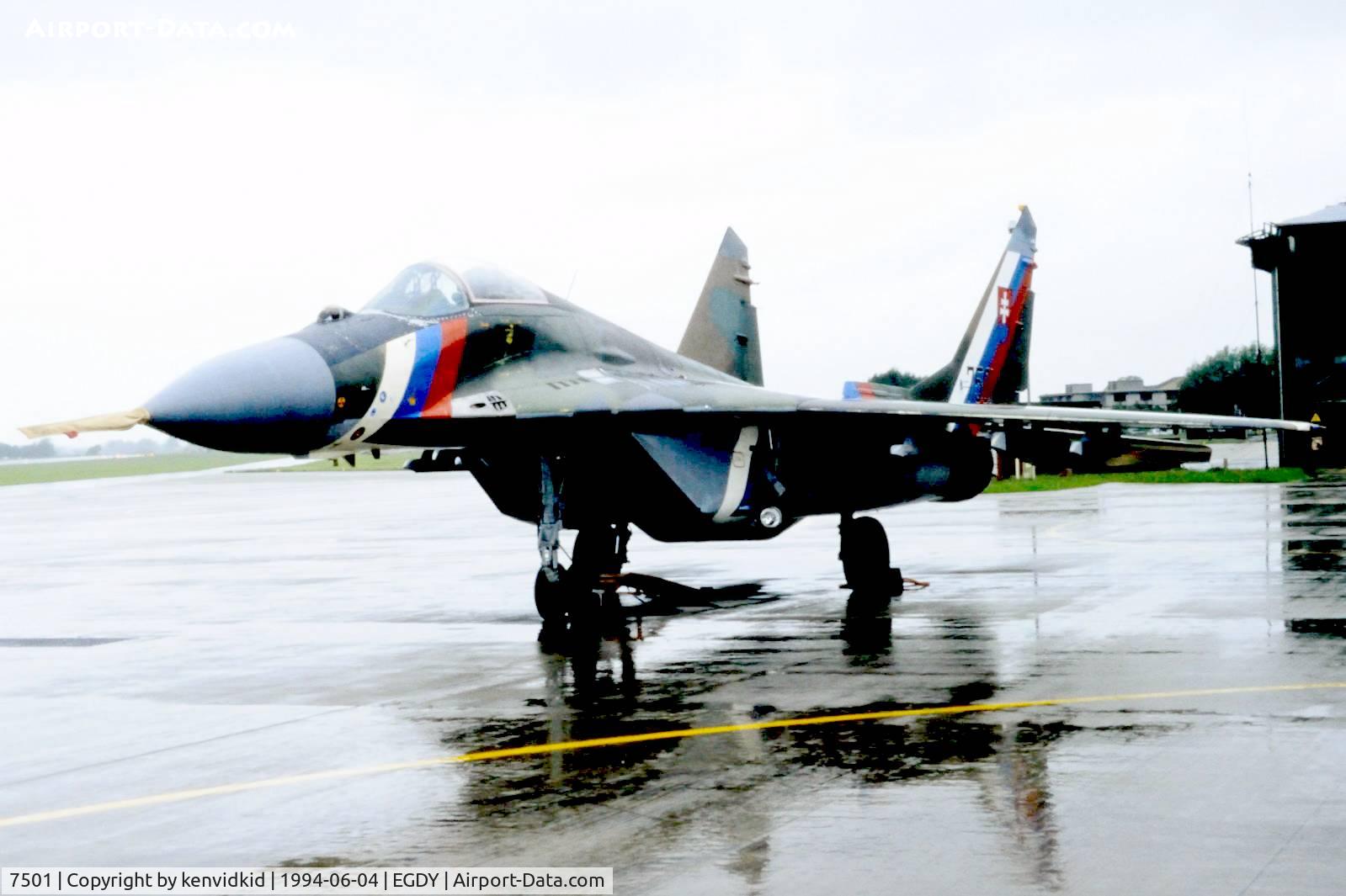 7501, Mikoyan-Gurevich MiG-29 C/N 2960526375, On static display at the RNAS Yeovilton 1994 50th Anniversary of D Day photocall. It rained all day.