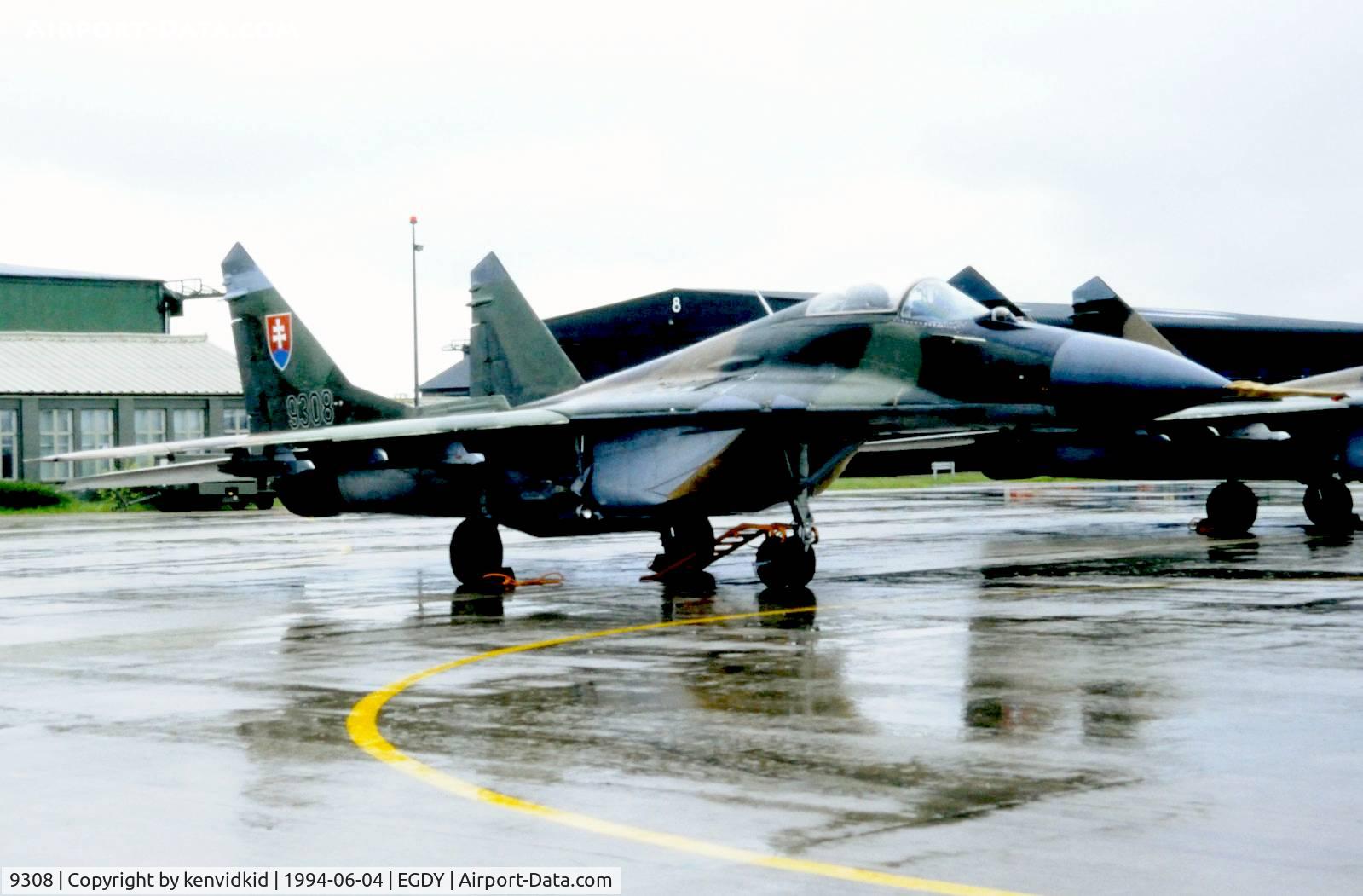 9308, Mikoyan-Gurevich MiG-29A C/N 263983, On static display at the RNAS Yeovilton 1994 50th Anniversary of D Day photocall. It rained all day.