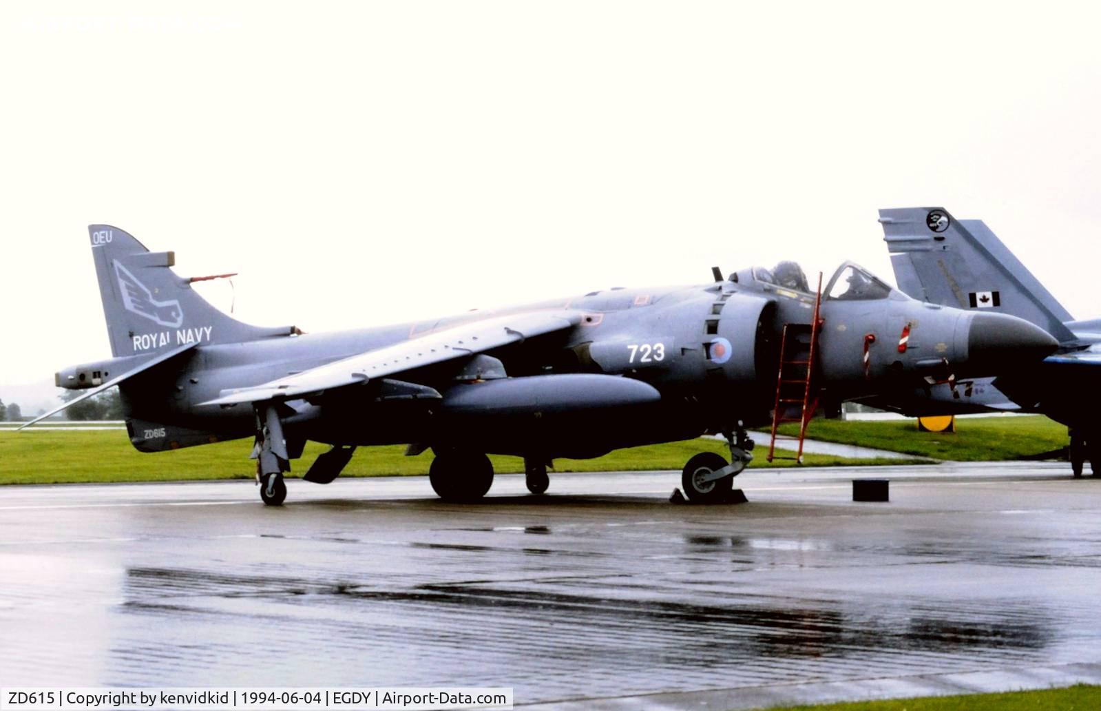 ZD615, British Aerospace Sea Harrier F/A.2 C/N 912054/B48/P3, On static display at the RNAS Yeovilton 1994 50th Anniversary of D Day photocall. It rained all day.