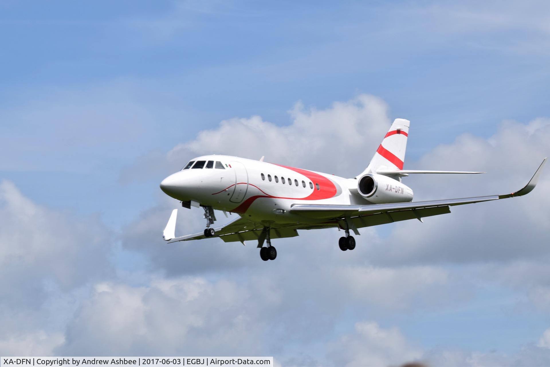 XA-DFN, 2015 Dassault Falcon 2000EX C/N 289, XA-DFN landing at Gloucestershire Airport.