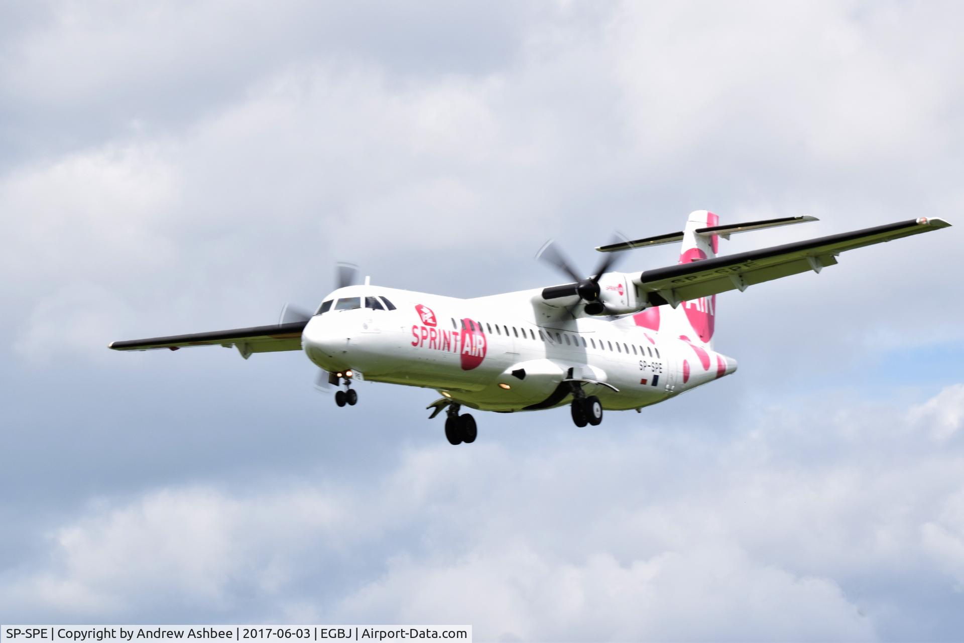 SP-SPE, 1995 ATR 72-202 C/N 441, SP-SPE landing at Gloucestershire Airport.