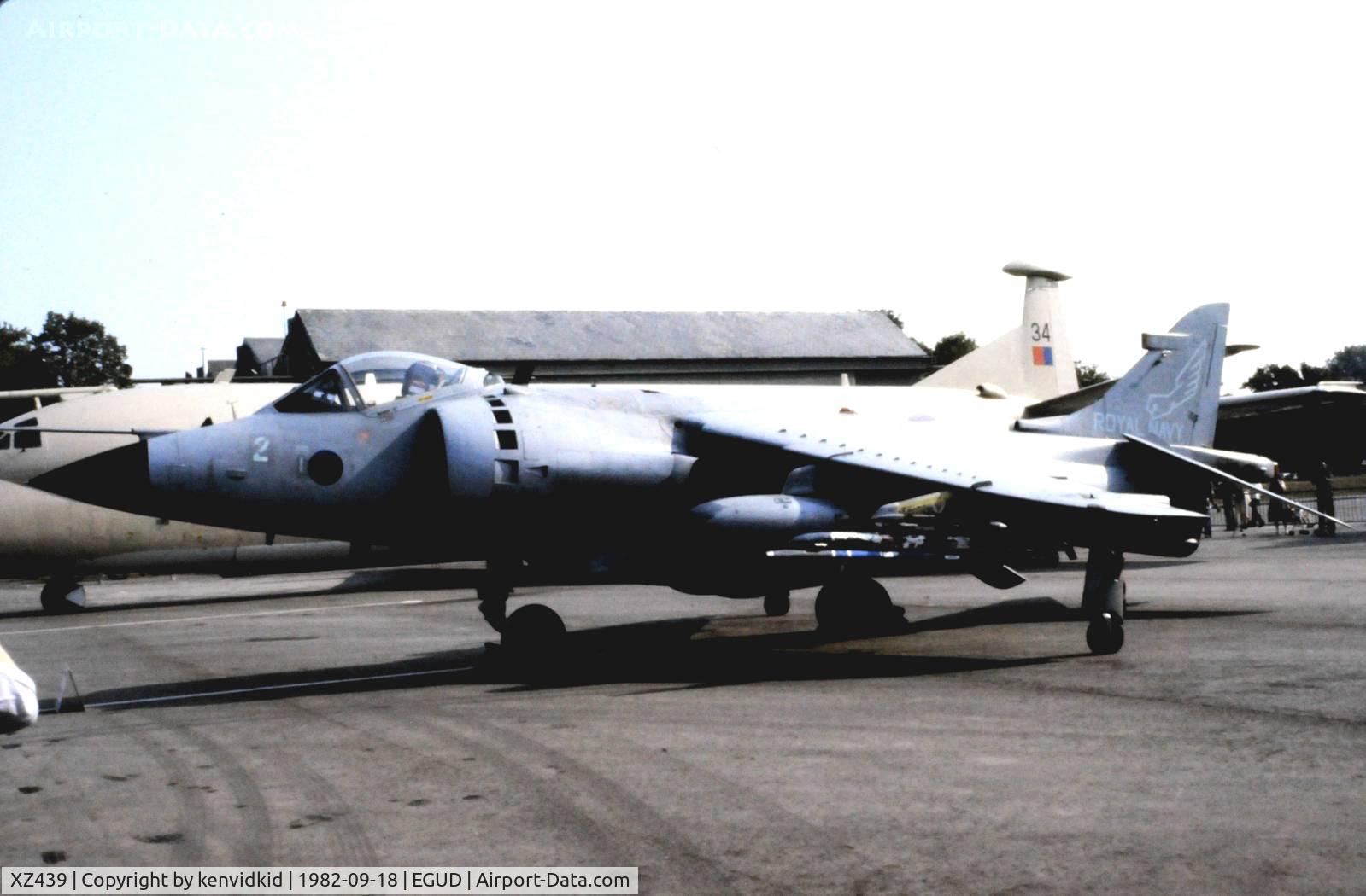 XZ439, 1979 British Aerospace Sea Harrier F/A.2 C/N 41H-912002/DB2, On static display at the 1982 Abingdon air show.