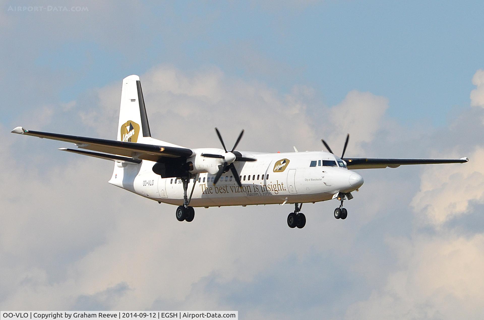 OO-VLO, 1988 Fokker 50 C/N 20127, Landing at Norwich.