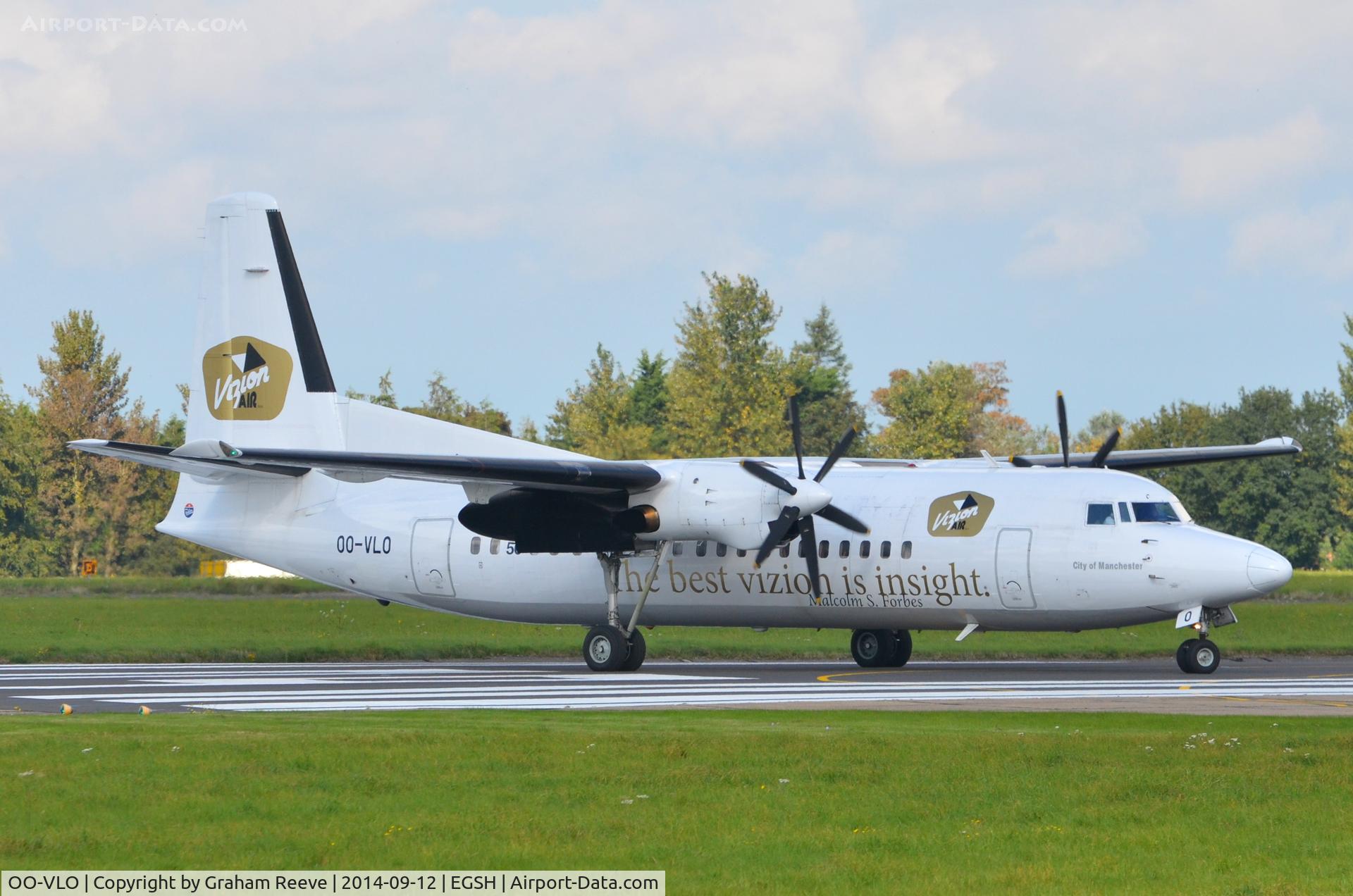 OO-VLO, 1988 Fokker 50 C/N 20127, Departing from Norwich.
