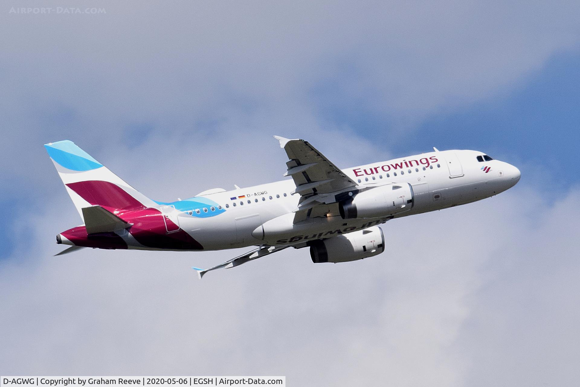 D-AGWG, 2007 Airbus A319-132 C/N 3193, Departing from Norwich.