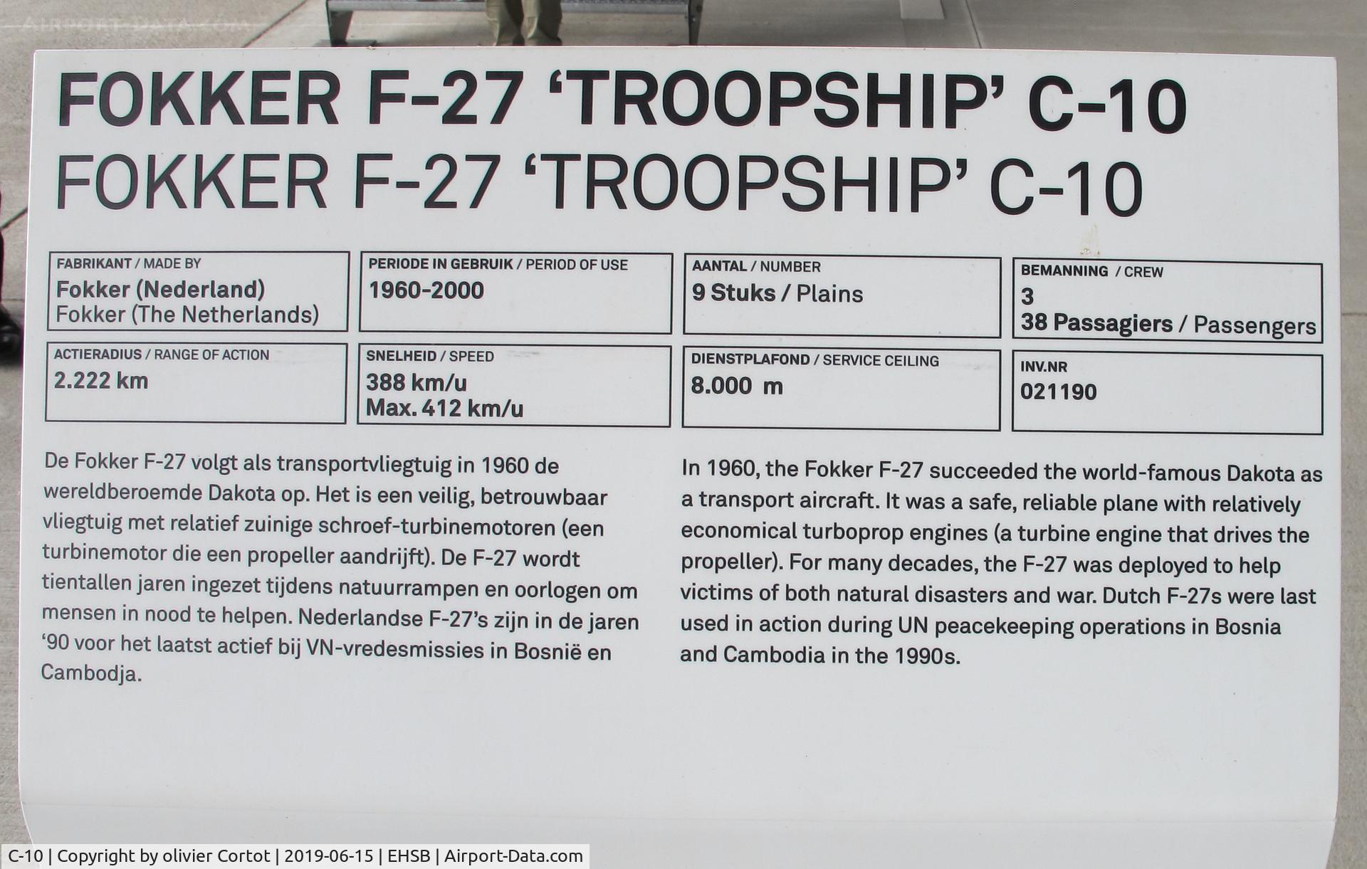 C-10, 1960 Fokker F-27-300M Troopship C/N 10160, data