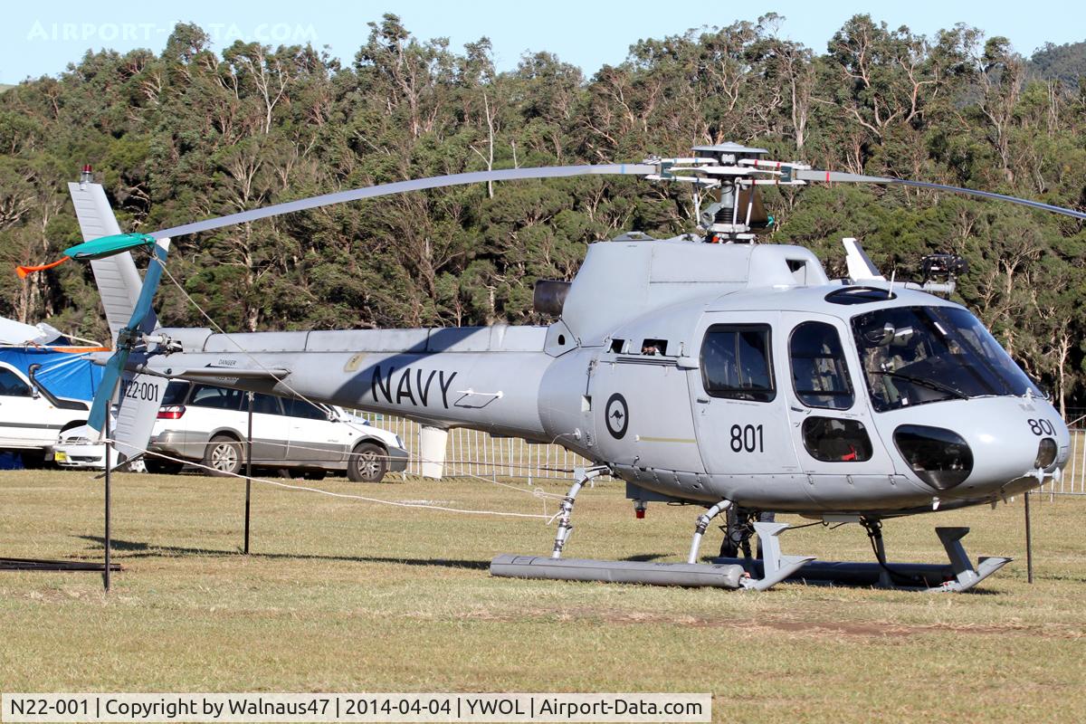 N22-001, 1984 Aerospatiale AS-350B Ecureuil C/N 1727, The First RAN Squirrel AS-350B helicopter, N22-001 Code 801 Cn 1727, from 723 Sqn Nowra, was on static display at Albion Park Airport Wollongong (YWOL) on 04Apr2014. The occasion was the 2014 Wings Over Illawarra (WOI) Open Day.