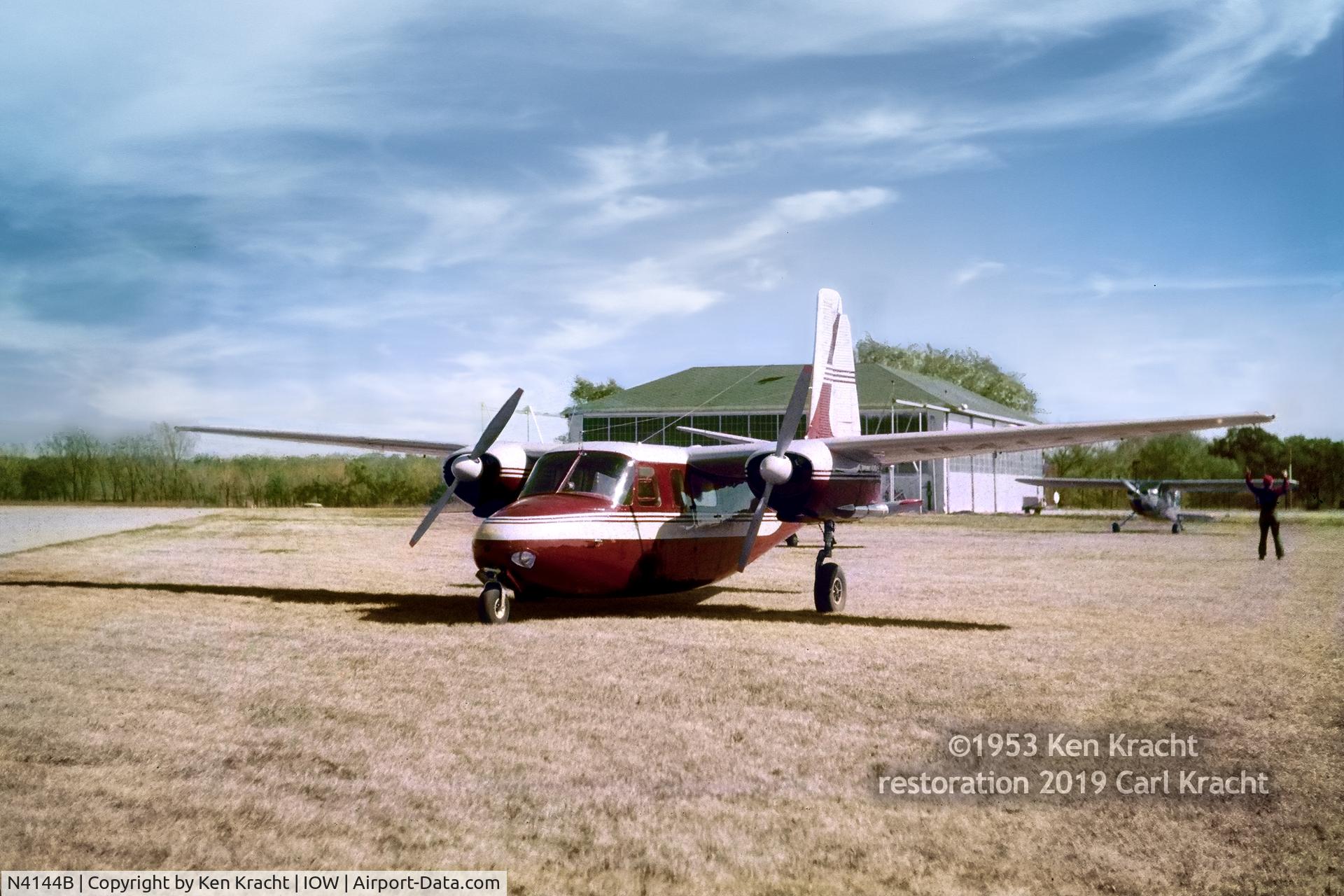 N4144B, 1953 Aero Commander 520 C/N 520-49, This registration number has been deregistered. I don't find it for sale by type, year, or production number.
Here's another photo anyway, 11 October 1953, Iowa City, Iowa. ©1953 Ken Kracht; restoration ©2019 Carl Kracht.
Original Owner B. G. Vandre