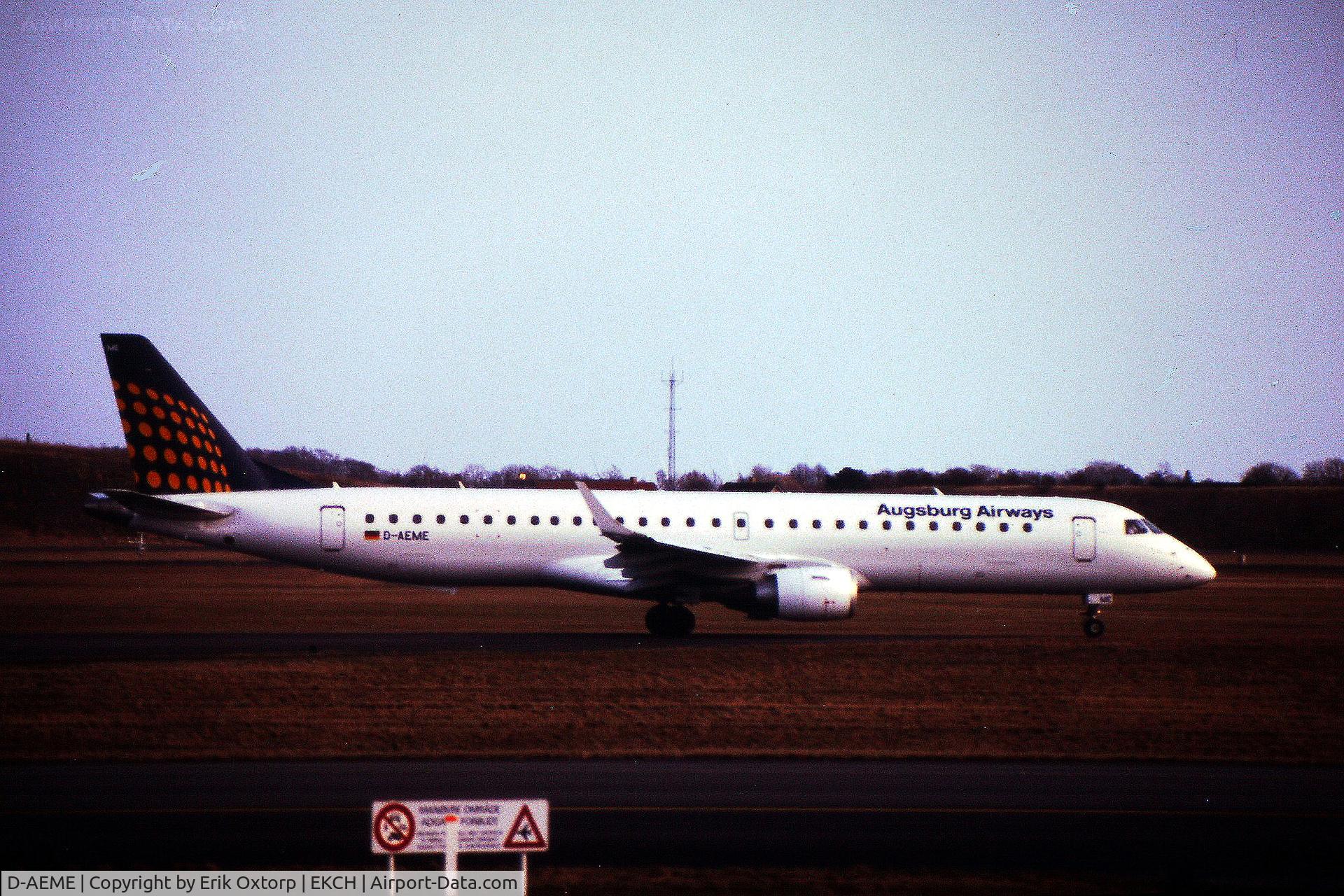 D-AEME, 2009 Embraer 195LR (ERJ-190-200LR) C/N 19000308, D-AEME taking off rw 22R
Scanned slide