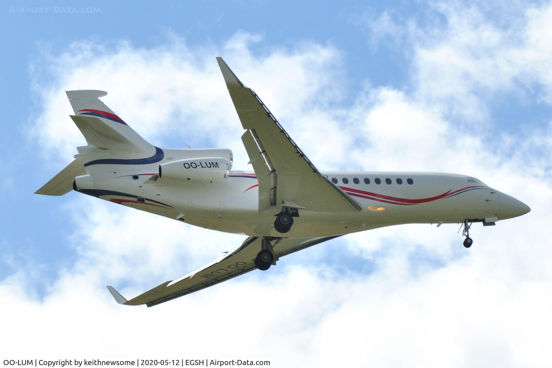 OO-LUM, 2007 Dassault Falcon 7X C/N 004, Landing onto runway 27 at Norwich from Denmark, from a safe position.