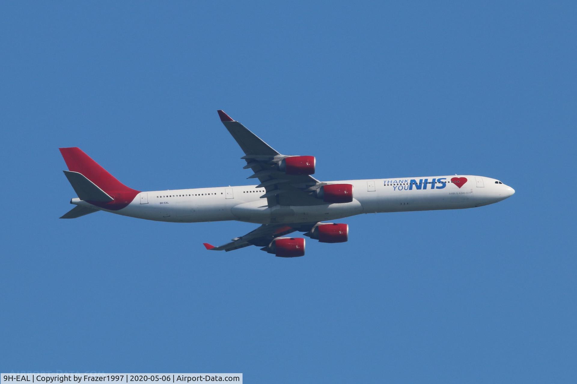 9H-EAL, 2005 Airbus A340-642 C/N 622, returning back to Bournemouth.