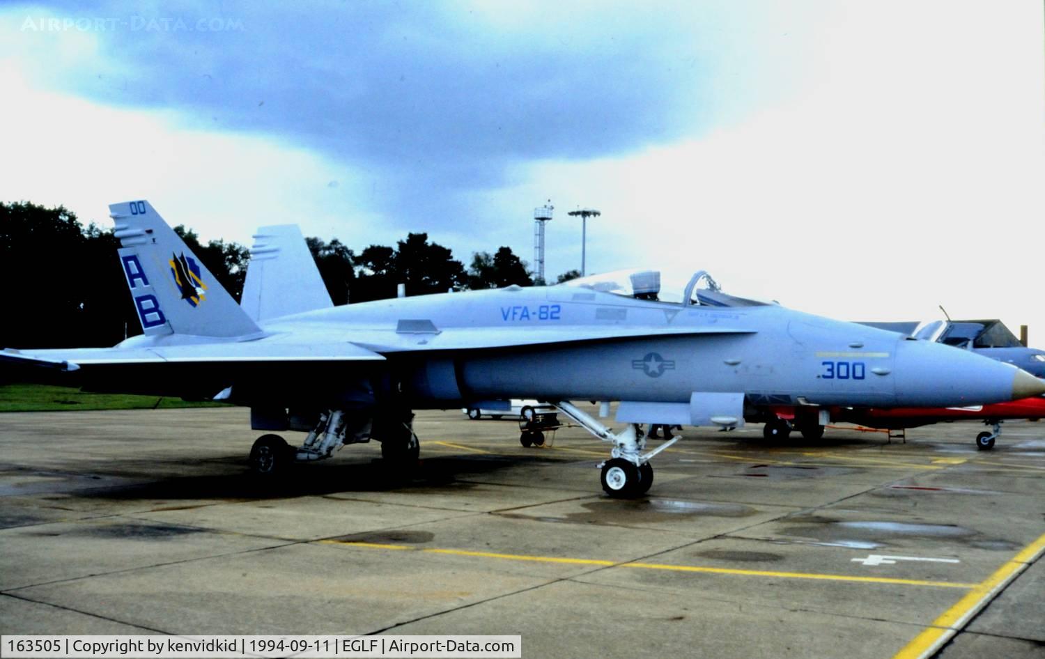 163505, 1988 McDonnell Douglas F/A-18C Hornet C/N 0749, Parked on the flight line at the 1994 Farnborough Airshow.