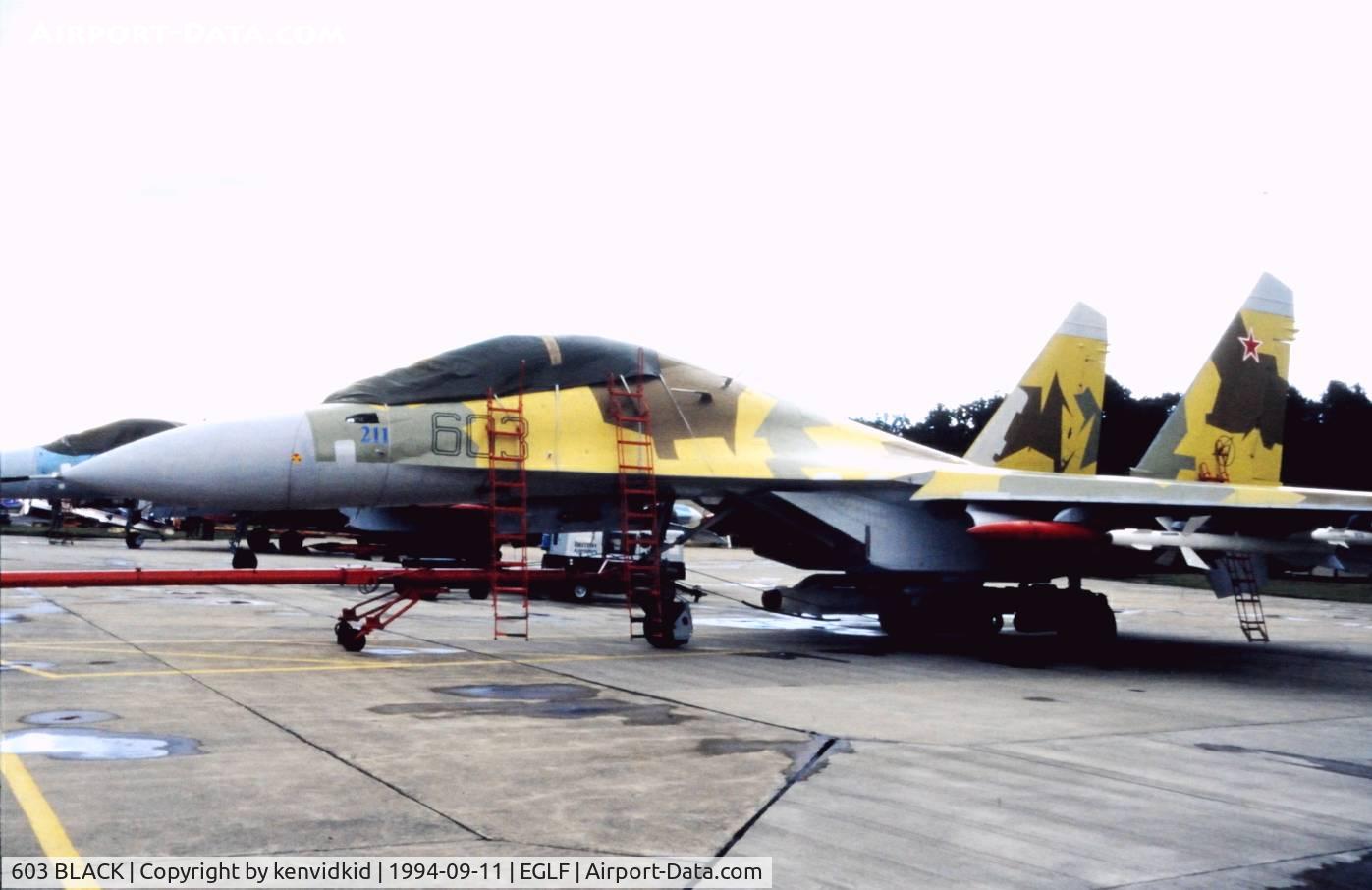 603 BLACK, Sukhoi Su-30MK C/N 79371010101, Parked on the flight line at the 1994 Farnborough Airshow.
