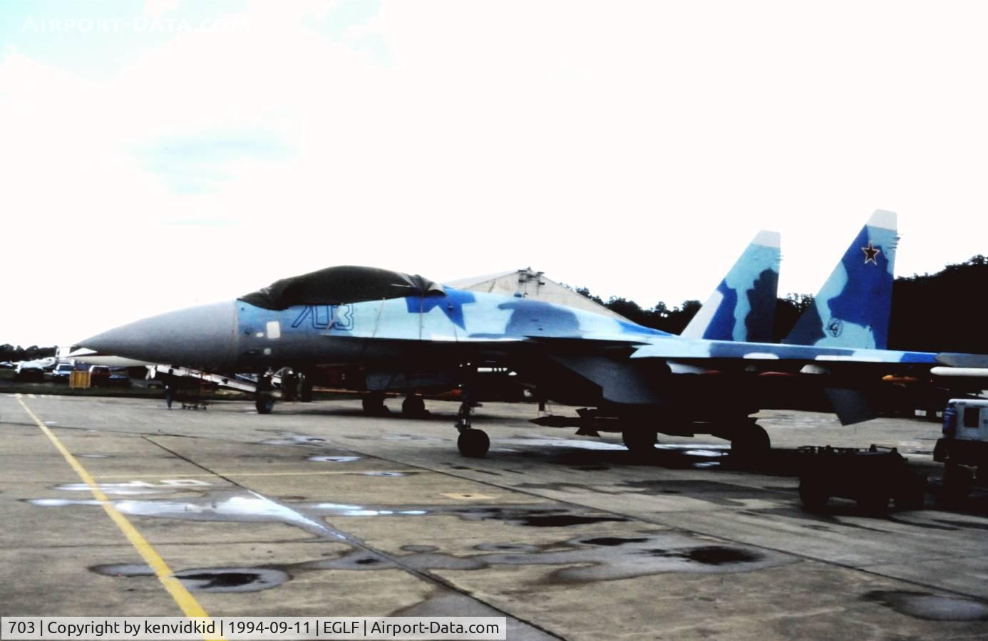 703, 1991 Sukhoi Su-35 C/N Not found 703, Parked on the flight line at the 1994 Farnborough Airshow.