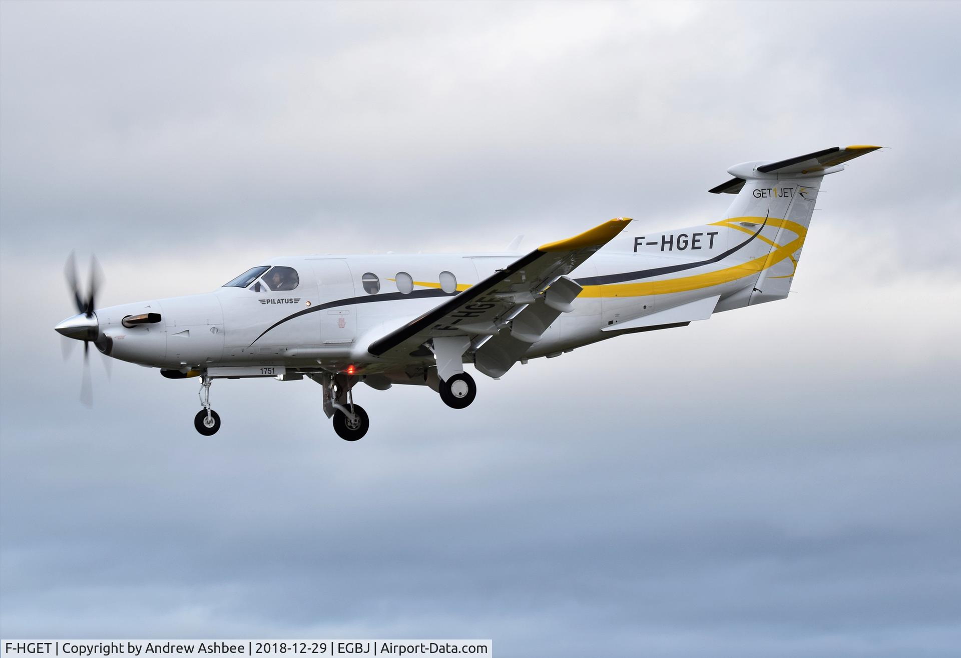 F-HGET, 2017 Pilatus PC-12/47E C/N 1751, F-HGET landing at Gloucestershire Airport.