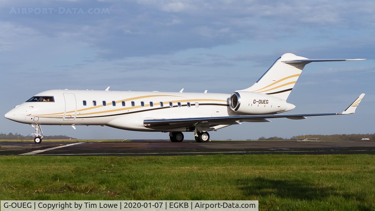 G-OUEG, 2018 Bombardier BD-700-1A10 Global 6000 C/N 9828, Vacating runway 21 for the Main Apron.