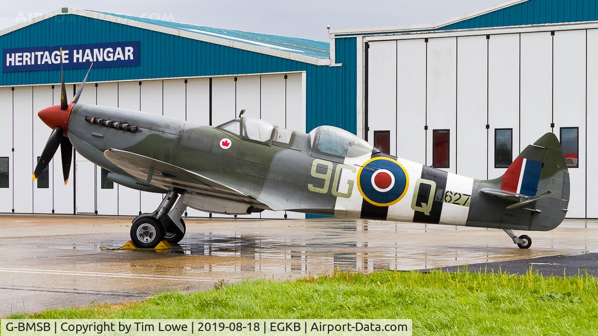 G-BMSB, 1943 Supermarine 361 Spitfire T.IX C/N CBAF.7722, Parked on the Biggin Hill Heritage Hangar ramp.