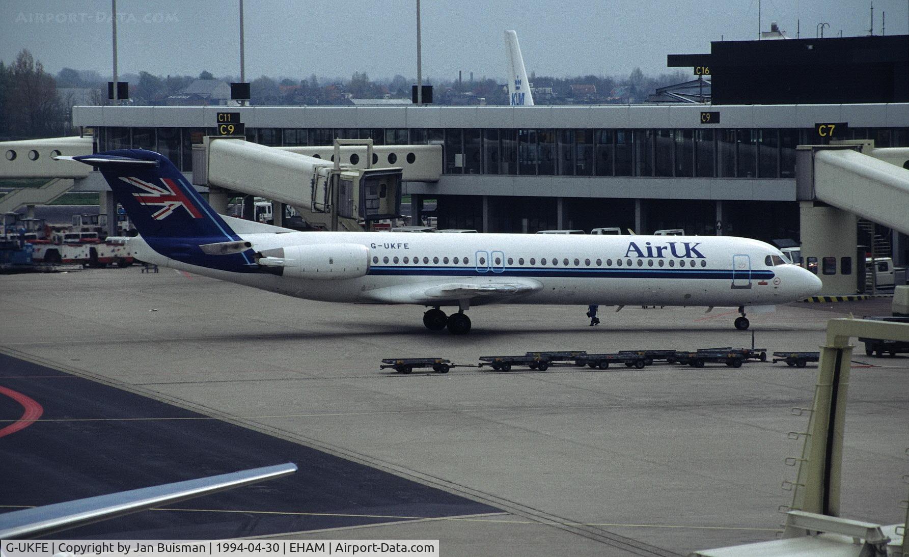G-UKFE, 1989 Fokker 100 (F-28-0100) C/N 11260, Air UK. Preserved on viewing terrace Schiphol (PH-OFE)